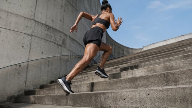 fit woman in athletic wear sprints up outdoor concrete stairs under a clear sky, demonstrating strength and determination in an urban setting.