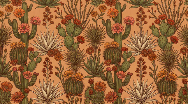 Desert cactus and succulent pattern with blooming flowers on warm background succulent plants seamless pattern botanical pattern desert landscape
