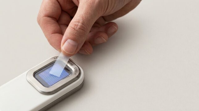 A person's hand holding a cell to illustrate remote healthcare with portable diagnostic reader inserting sensor for analysis
