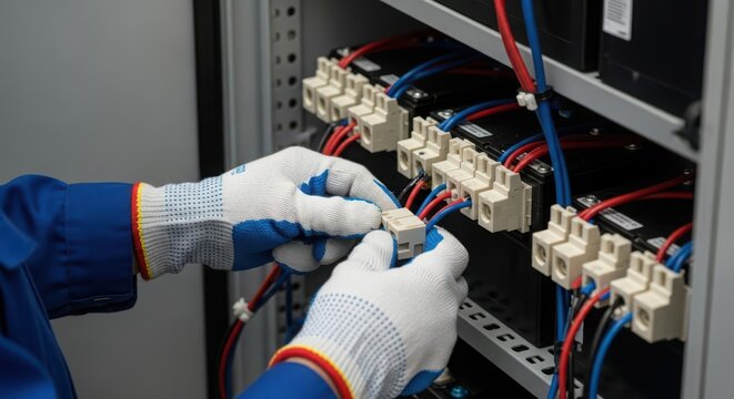 Technician's gloved hands carefully connecting wires within an electrical control panel