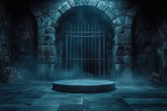 fog-filled stone chamber with arched gateway, iron barred gate and round stone platform lit by cold blue light, evoking an eerie, mysterious atmosphere