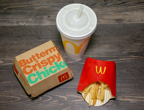 San Diego, CA USA on July 1, 2020. A Mcdonald's Buttermilk Crispy Chicken sandwich meal with fries and a drink.