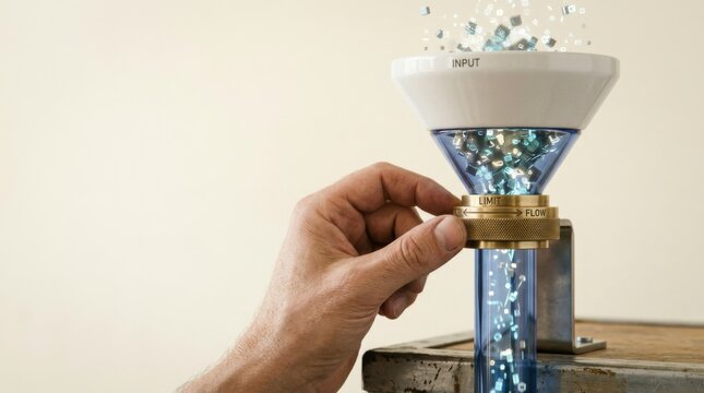 Person holding light bulb and adjusting supply chain funnel representing industrial bottlenecks and strategic solutions