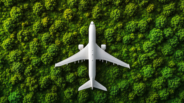 White passenger airplane flying over a dense green forest from top view