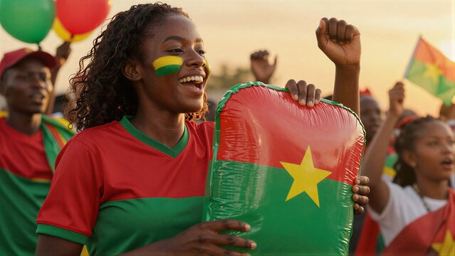 Joyful fan cheers with Burkina Faso flag, paint face, balloons in background.