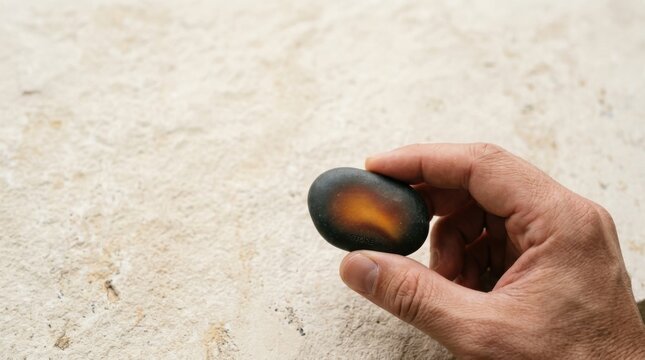 Hand holding a piece of fruit to visualize thermal energy storage through natural stone representation and concept