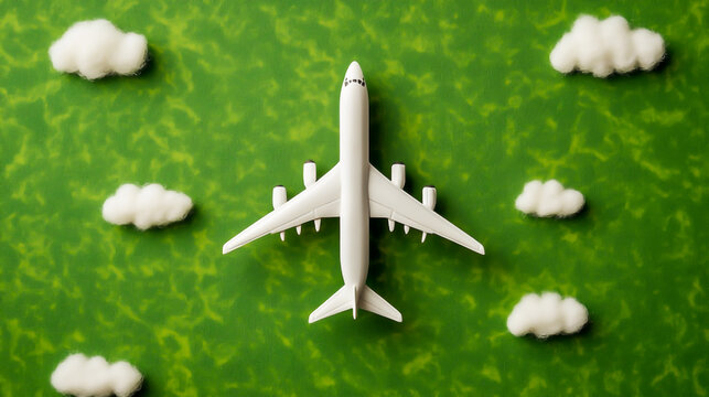 White airplane flying over a green landscape with fluffy clouds