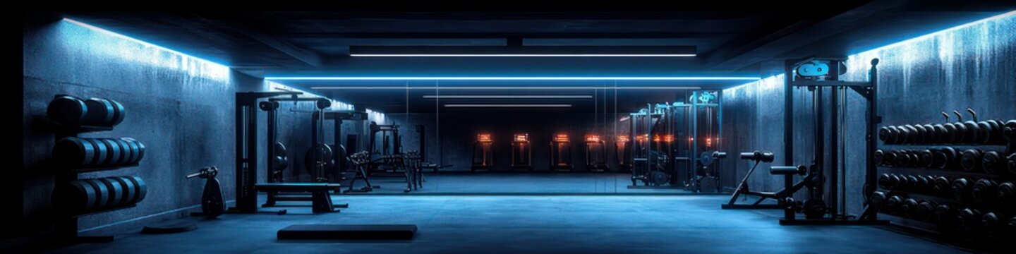 empty underground gym interior with dumbbell racks, weight plates, benches, squat and cable machines, mirrored wall and blue neon lighting creating a sleek, futuristic focused atmosphere