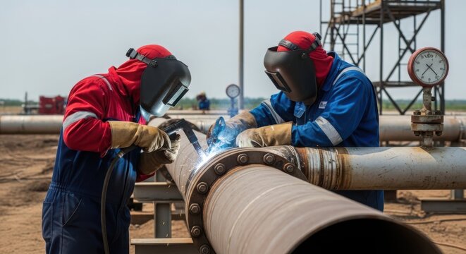 Two skilled welders in protective gear meticulously join a large diameter industrial pipe on a construction site