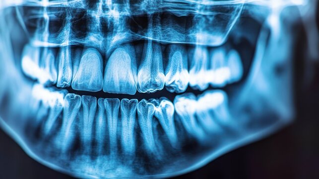 Panoramic dental x-ray showing full upper and lower teeth, roots and jawbones in cool blue tones, clinical diagnostic mood