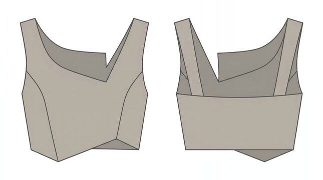 Modern Women Beige Asymmetrical Sleeveless Crop Top Technical Flat Sketch Template Front and Back Views Fashion CAD Illustration