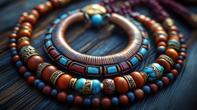 Close-up of layered handcrafted beaded necklaces and bracelets with turquoise inlays, wooden and brass accents on dark wooden surface, warm rustic artisanal mood