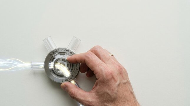Hand rotating a medical triage valve visualizing healthcare triage and patient prioritization in emergency situations