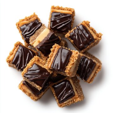 Mini graham cracker cheesecake bites with chocolate topping isolated on a white background