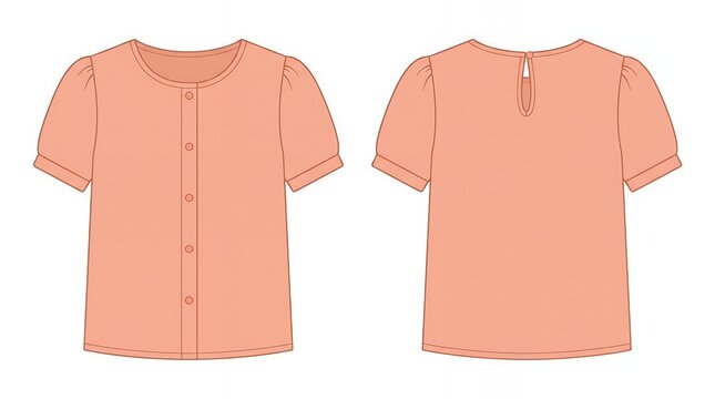 Fashion Technical Drawing of a Peach Short Sleeve Blouse for Women Featuring Button Front and Back Keyhole Opening