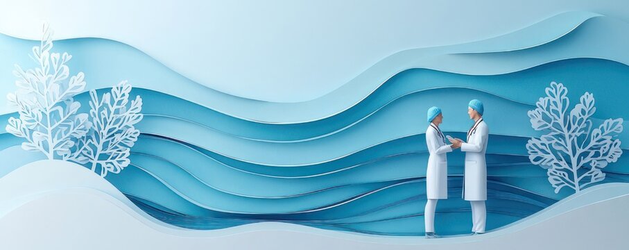 Two medical professionals in white coats exchange a supportive handshake against layered blue wave paper-cut backdrop with delicate white foliage, calm collaborative mood