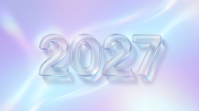 Futuristic 2027 glassy text on iridescent pastel background for new year celebration design