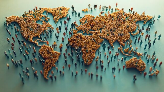 numerous small orange human figures arranged into a world map with scattered individuals on a blue surface, conveying global unity, community and population distribution