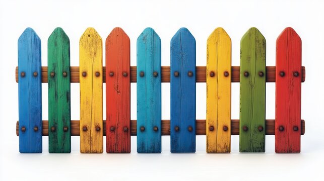 row of colorful weathered wooden picket fence panels in bright red, blue, yellow and green with visible bolts on white background, playful cheerful mood