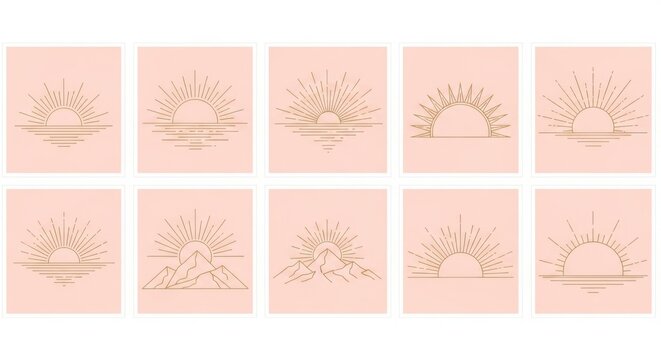 Set of minimalist sunrise and mountain landscape line art icons