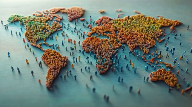 colorful miniature human figures clustered to form a world map on a flat surface with scattered tiny people around, evoking connectedness, diversity and a vibrant global community