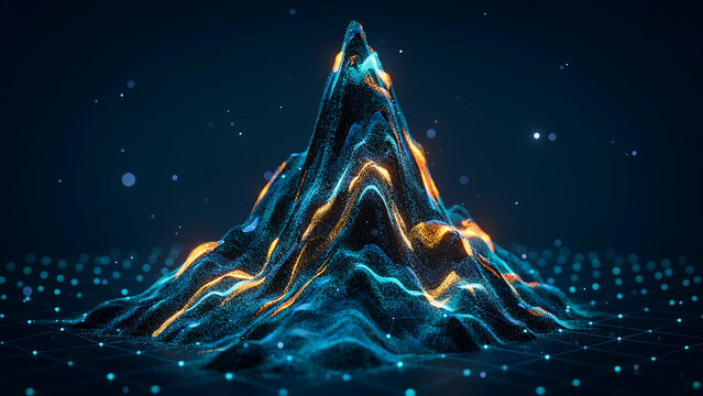 Abstract digital mountain of glowing particles and data points with abstract art