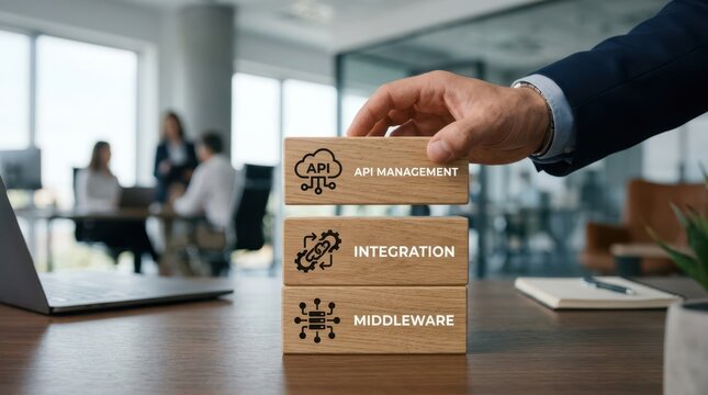 Businessman building blocks with API management integration middleware concepts on office desk