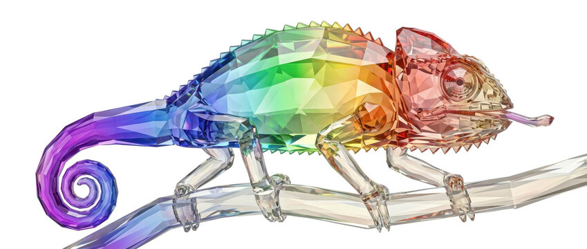 Faceted crystalline chameleon showing rainbow gradient colors while clinging onto glass branch against white background