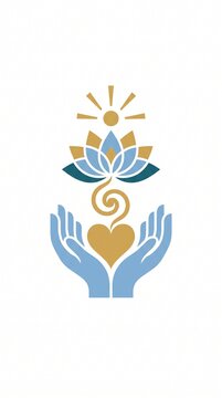 Stylized illustration of hands holding a heart with a lotus flower and sun above, symbolizing care and well-being
