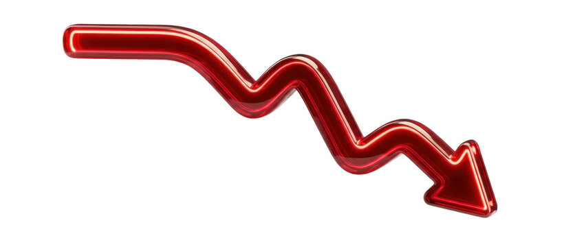 Shiny glossy red downward arrow icon representing financial market decline isolated against white studio background