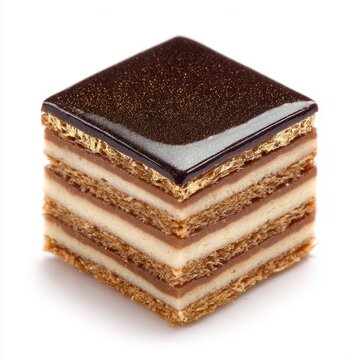 opera cake with gold shimmer isolated on a white background