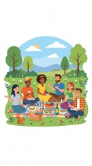 Fototapeta premium Diverse group of friends enjoying a sunny picnic in a park with food and drinks