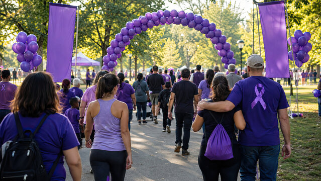 World Alzheimer Month. Wide shot of a diverse group of walk participants crossing a simple finish line marked with purple balloons and banners. Awareness walk celebration concept.