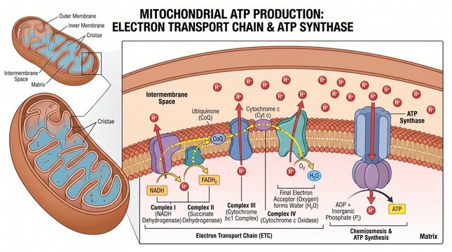 Detailed biological illustration of mitochondrial ATP production and the electron transport chain process