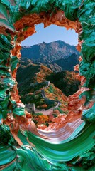 Fototapeta premium View through a colorful frame showing the Great Wall of China with mountains in the background on a clear day