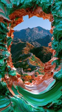View through a colorful frame showing the Great Wall of China with mountains in the background on a clear day