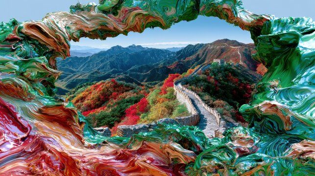 View of the Great Wall with colorful landscape of mountains and trees during autumn season