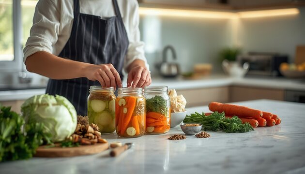Homemade Pickles: A person in an apron is preparing homemade pickles by stuffing vegetables into jars, surrounded by fresh produce and pantry staples.