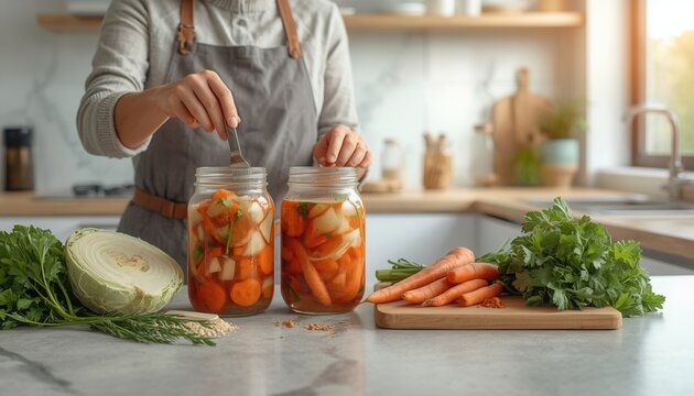 Preserving Autumn's Bounty: Hands carefully place vibrant orange carrot slices into a glass jar, preparing homemade fermented food in a sunlit kitchen.