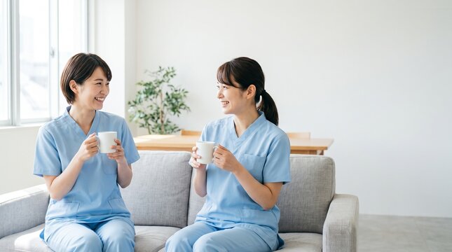 【医療・求人】明るい休憩室でコーヒーを手に持ち、和やかに談笑してリフレッシュする二人の女性看護師