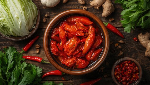 Spicy Fermented Cabbage Dish: A vibrant bowl filled with appetizing red, spicy fermented cabbage dish, surrounded by fresh ingredients like garlic, ginger, chilies.