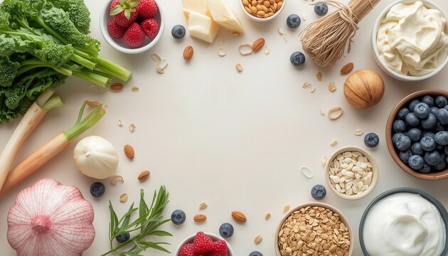 Healthy Food Assortment: A vibrant arrangement of fresh fruits, vegetables, nuts, and dairy products, symbolizing a balanced and nutritious diet.