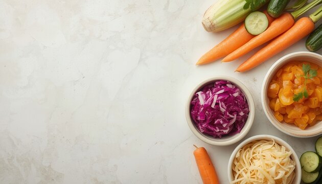 Vibrant Vegetable Platter: A delightful arrangement of fresh, colorful vegetables including carrots, cucumber, and shredded purple cabbage, presented in rustic bowls.