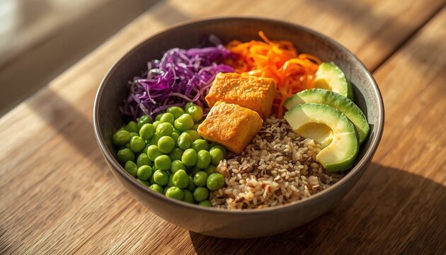 Vibrant Buddha Bowl: A healthy and colorful Buddha bowl filled with fresh vegetables, quinoa, tofu, and avocado, served in a rustic bowl on a wooden table, showcasing a delicious and nutritious meal.