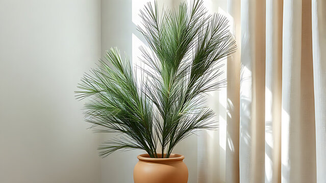 Longleaf pine branches in terracotta urn by linen curtain, natural home decor concept
