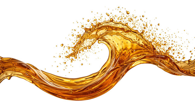 Golden amber liquid splash wave, dynamic whiskey or tea water motion, swirling brown beverage flow with droplets isolated PNG with Transparent Background