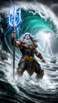 Poseid&oacute;n, dios del mar, dios griego, mitolog&iacute;a griega, tridente, dios del oc&eacute;ano, dios mitol&oacute;gico, guerrero divino, guerrero marino, oc&eacute;ano, mar embravecido, olas gigantes, tsunami, tormenta marina, r