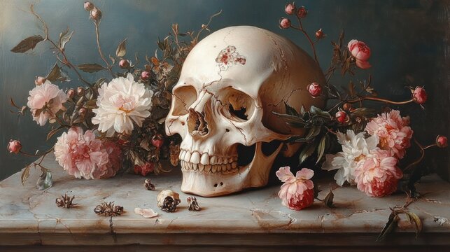 human skull resting among pink peonies and rosebuds on a cracked stone ledge with scattered petals and seed pods, evoking melancholic contemplation