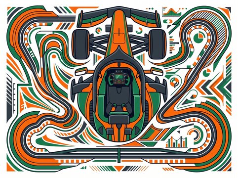 Top view of a stylized racing car cockpit with technical charts and colorful geometric track patterns