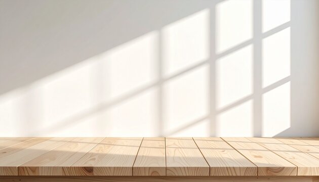 Minimal Empty Wood Table and Bright Wall with Large Copy Space
